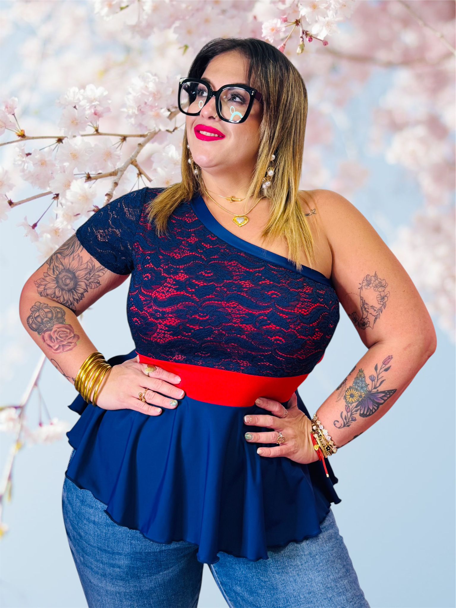 One shoulder lace lycra top