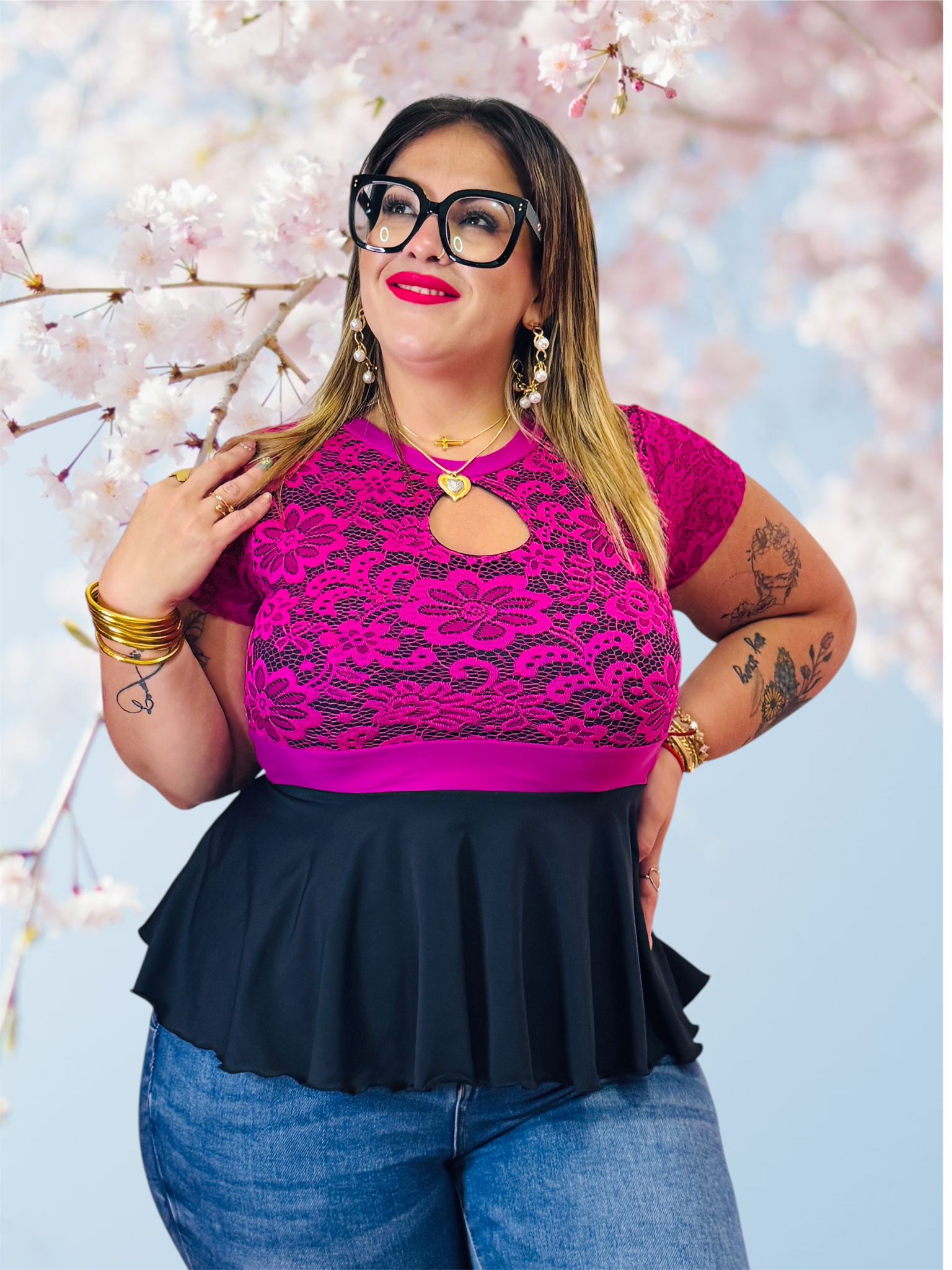 Fuchsia lace lycra top